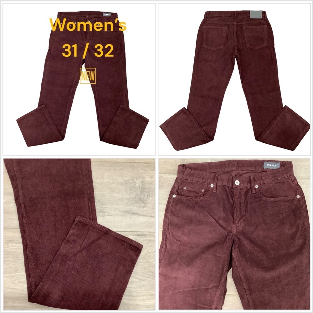 Women’s BONOBOS 31 / 32 Corduroy Pants Slim Fit Burgundy Wine Stretch Straight